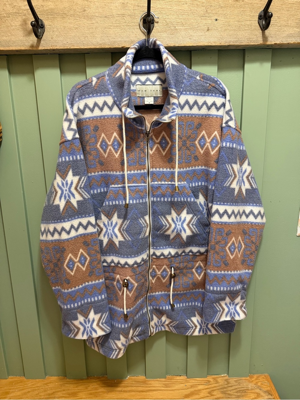 New York Style Y2K Fleece Jacket Aztec Fair Isle Full Zip Women's M Cabincore